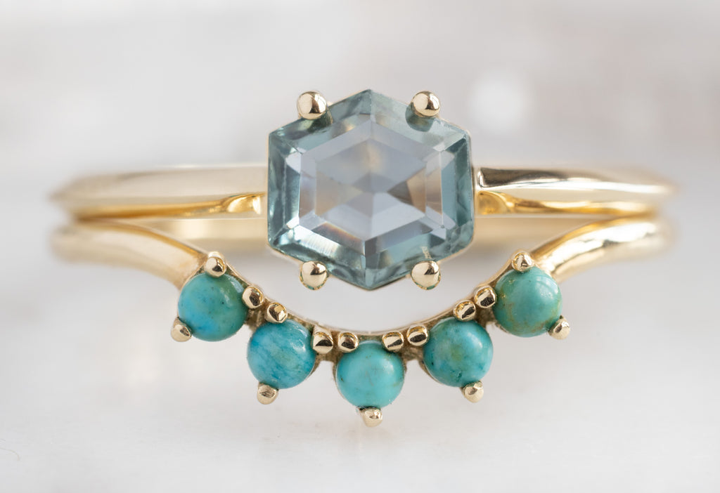 The Bryn Ring with a Montana Sapphire Hexagon Turquoise Stacking Band