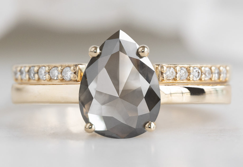 The Bryn Ring with a Rose-Cut Grey Diamond with Open Cuff Pavé Stacking Band