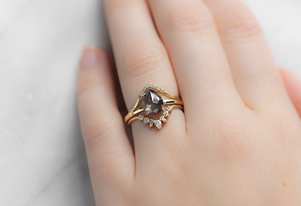 The Bryn Ring with a Rose-Cut Grey Diamond with Stacking Bands on Model