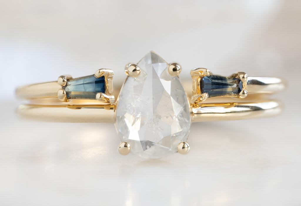 The Bryn Ring with a Rose-Cut Icy White Diamond with Open Cuff Montana Sapphire Stacking Band