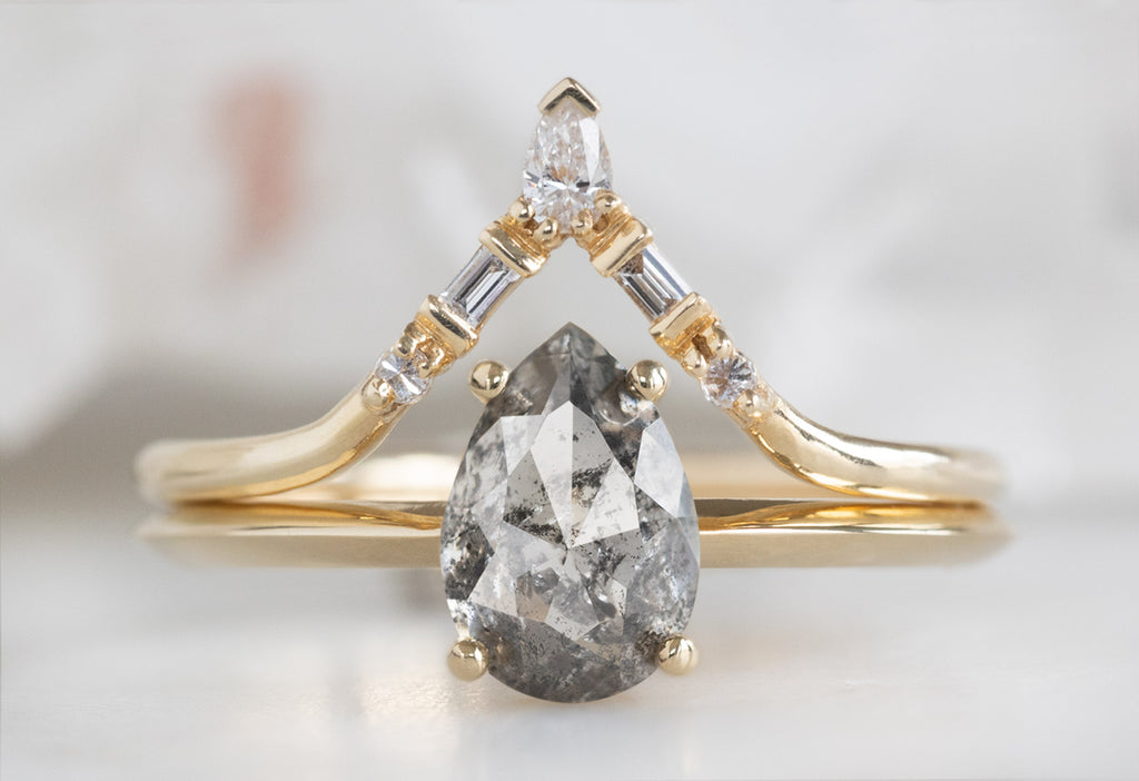The Bryn Ring with a Rose-Cut Salt and Pepper Diamond with White diamond Tiara Stacking Band