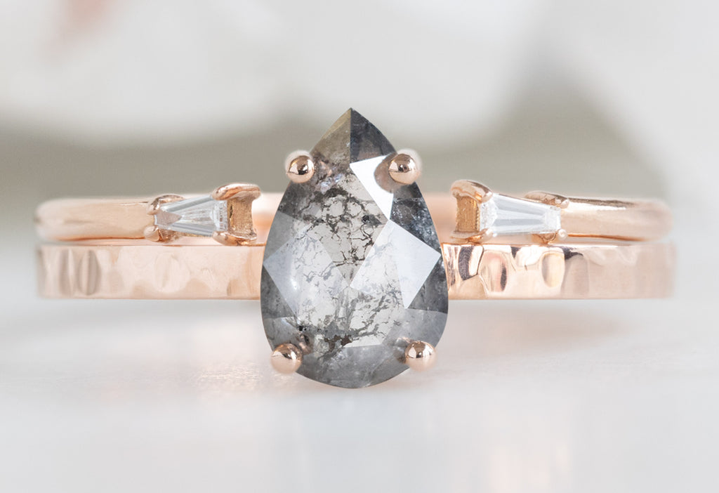 The Bryn Ring with a Rose-Cut Salt and Pepper Diamond with Open Cuff Baguette Stacking Band