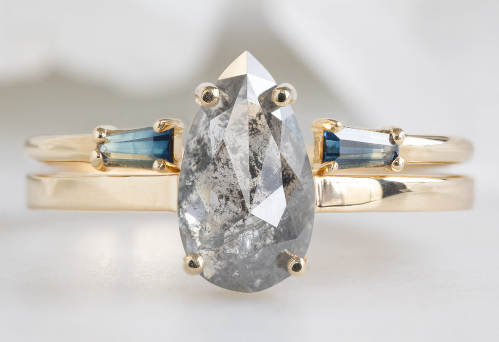 The Bryn Ring with a Rose-Cut Salt and Pepper Diamond with Open Cuff Montana Sapphire Baguette Stacking Band