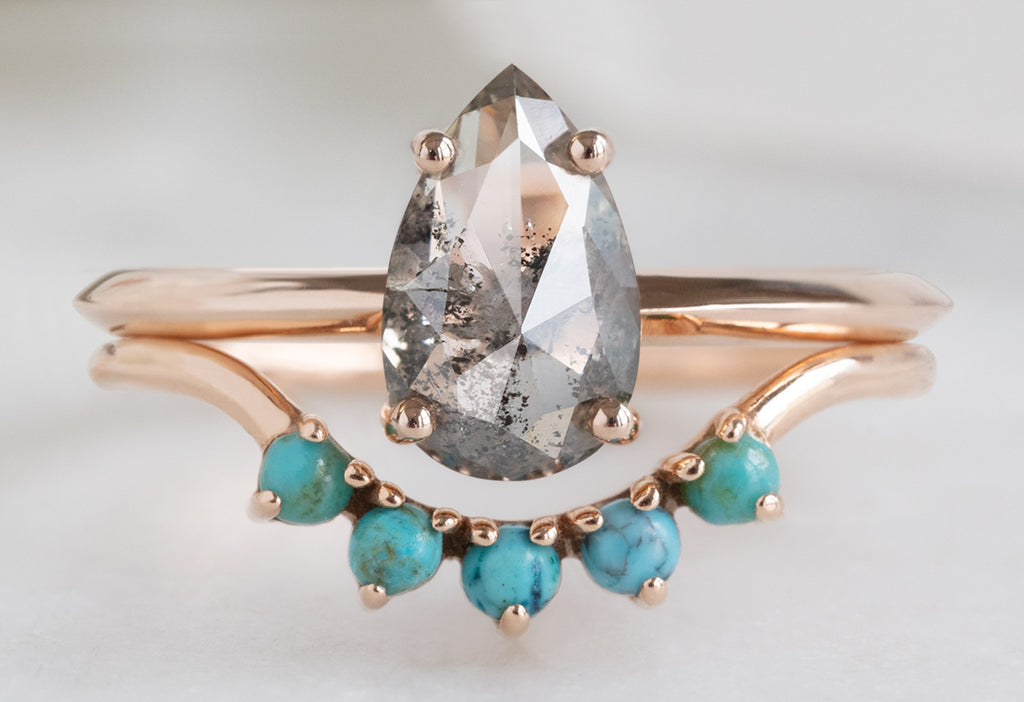 The Bryn Ring with a Rose-Cut Salt and Pepper Diamond with Turquoise Sunburst Stacking Band