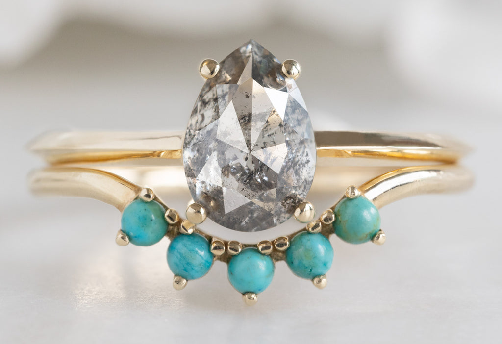 The Bryn Ring with a Rose-Cut Salt and Pepper Diamond with Turquoise Stacking Band