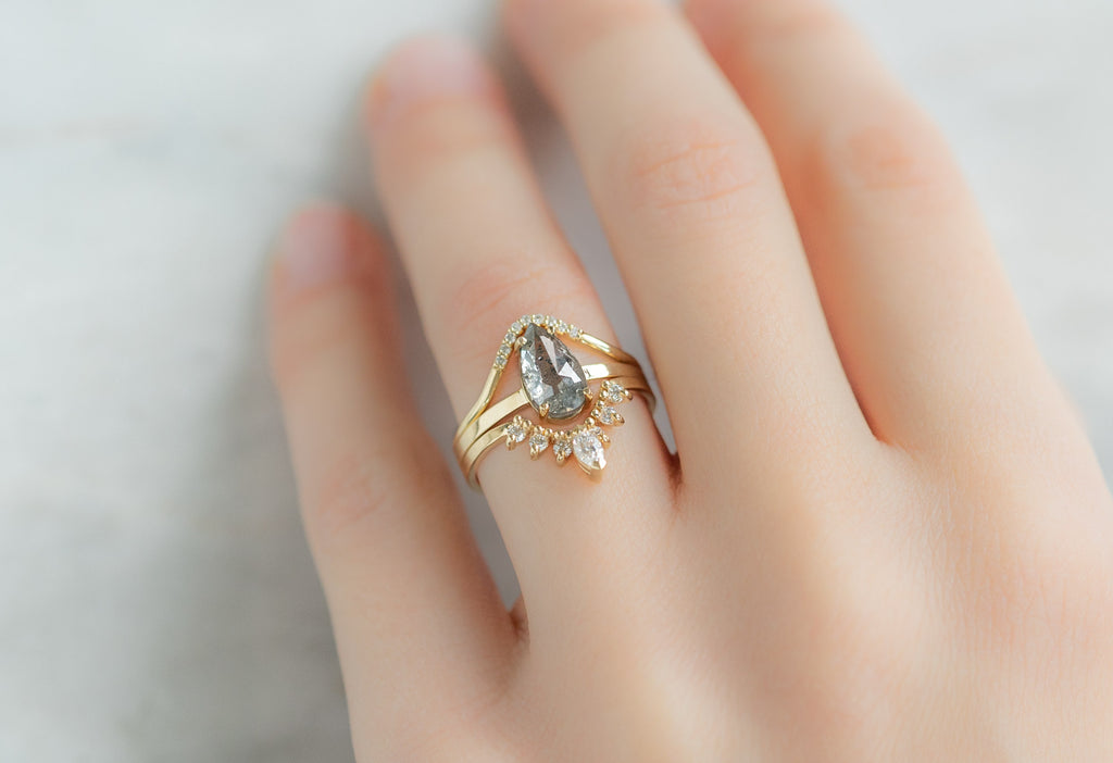 The Bryn Ring with a Rose-Cut Salt and Pepper Diamond with White Diamond Stacking Bands on Model