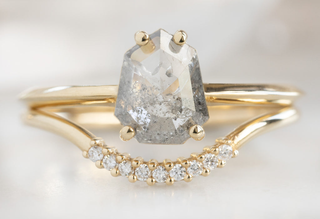 The Bryn Ring with a Salt and Pepper Geometric Diamond with Pavé Diamond Stacking Band