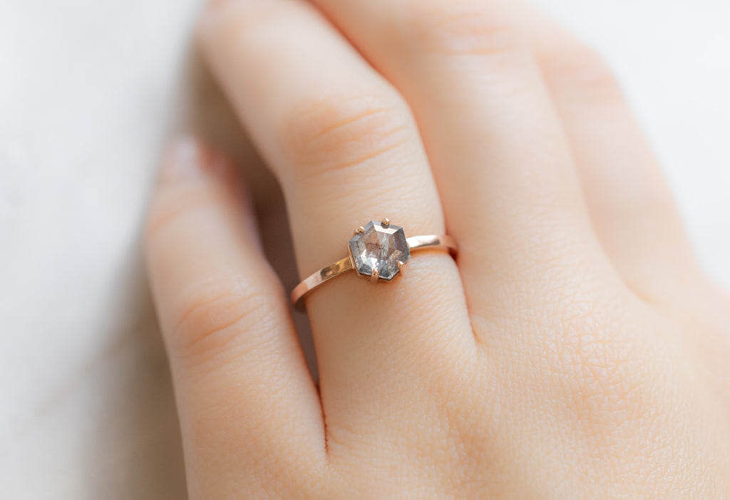 The Bryn Ring with a Salt and Pepper Hexagon Diamond on Model