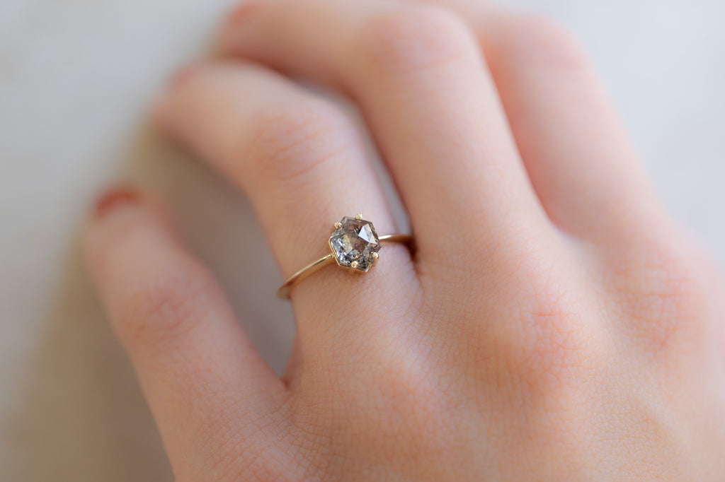 The Bryn Ring with a Salt and Pepper Hexagon Diamond on Model