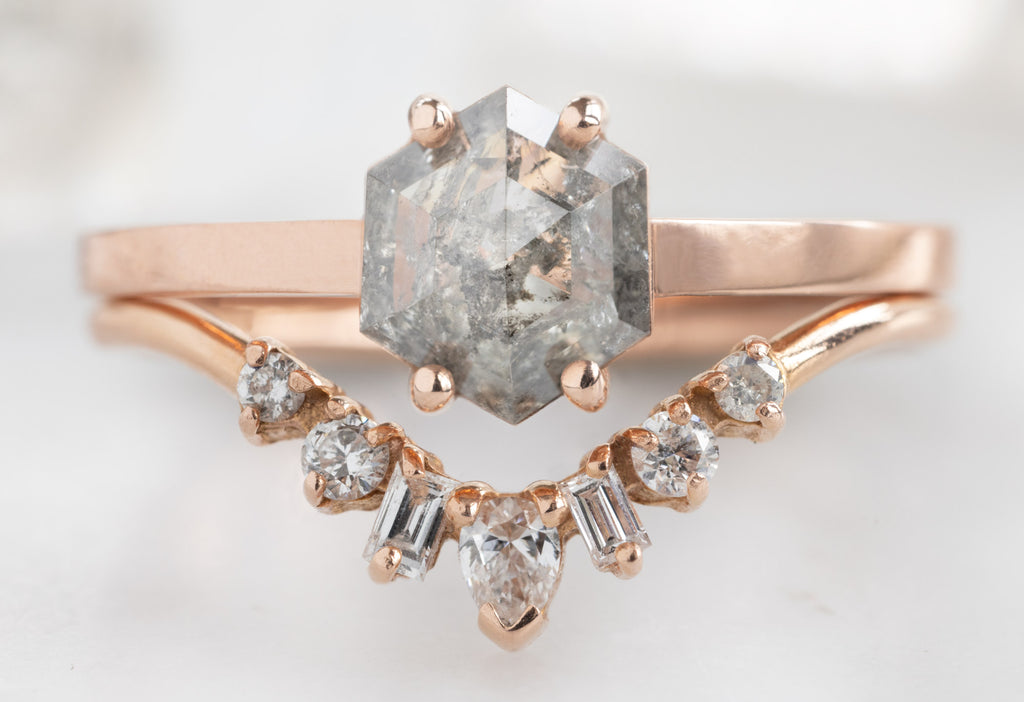 The Bryn Ring with a Salt and Pepper Hexagon Diamond with Geometric Diamond Sunburst