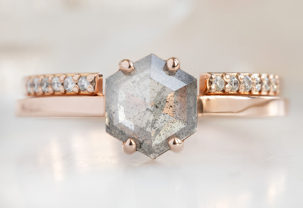 The Bryn Ring with a Salt and Pepper Hexagon Diamond with Open Cuff Pavé Stacking Band