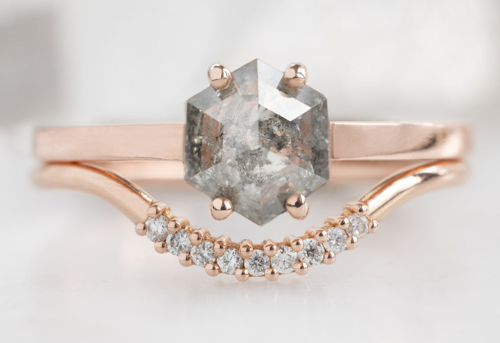 The Bryn Ring with a Salt and Pepper Hexagon Diamond with Pavé Arc Stacking Band