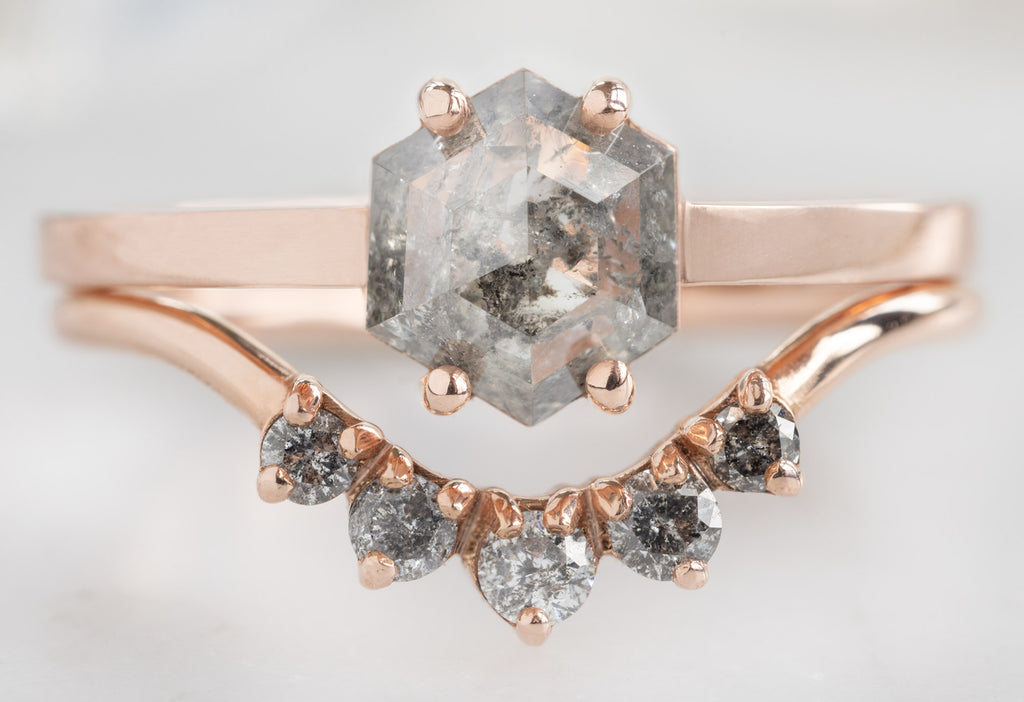 The Bryn Ring with a Salt and Pepper Hexagon Diamond with Round Diamond Sunburst Stacking Band