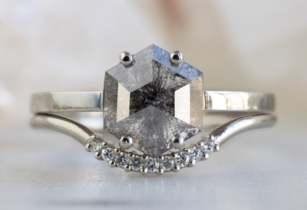 The Bryn Ring with a Salt and Pepper Hexagon Diamond with Stacking Band