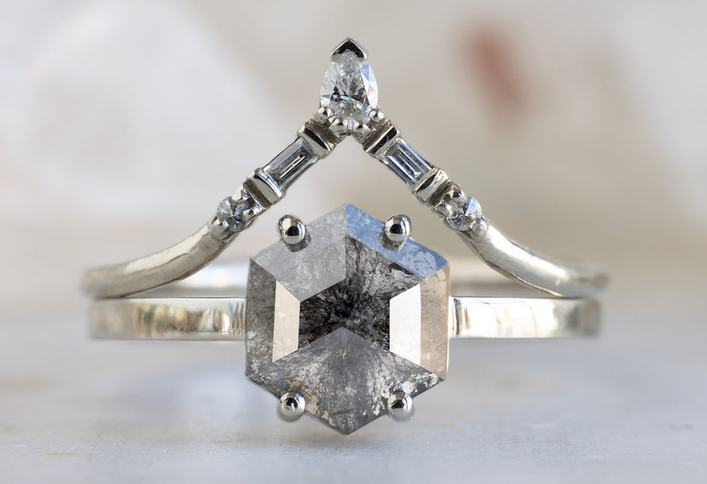 The Bryn Ring with a Salt and Pepper Hexagon Diamond with Stacking Band
