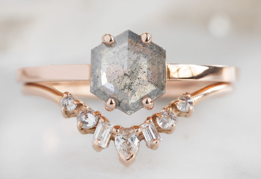 The Bryn Ring with a Salt and Pepper Hexagon Diamond with Geometric Stacking Band