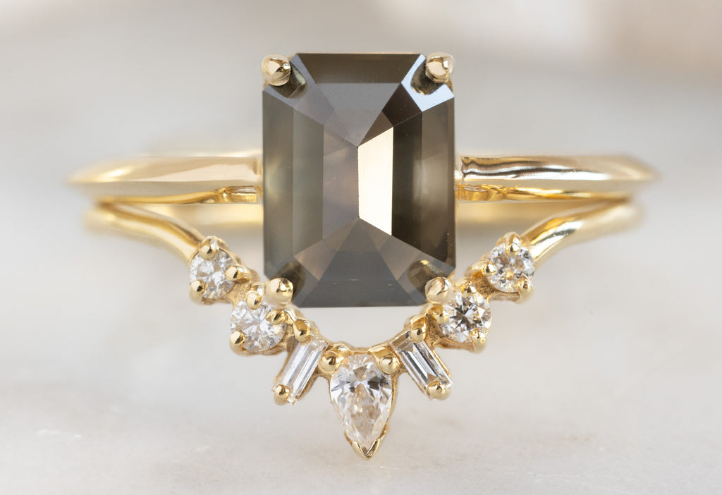 The Bryn Ring with an Emerald-Cut Black Diamond with Geometric White Diamond Sunburst