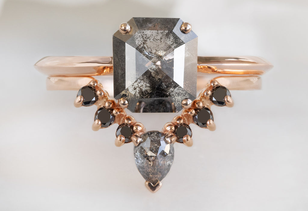 The Bryn Ring with an Emerald-Cut Black Diamond with Black Diamond Sunburst Stacking Band