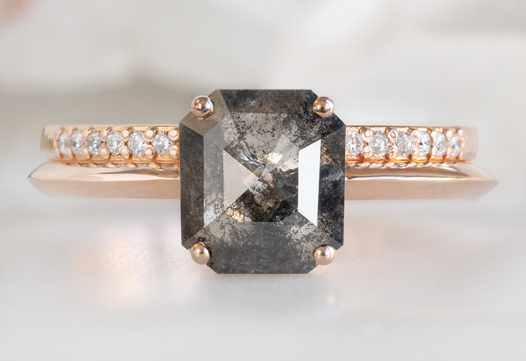 The Bryn Ring with an Emerald-Cut Black Diamond with Open Cuff Pavé Stacking Band