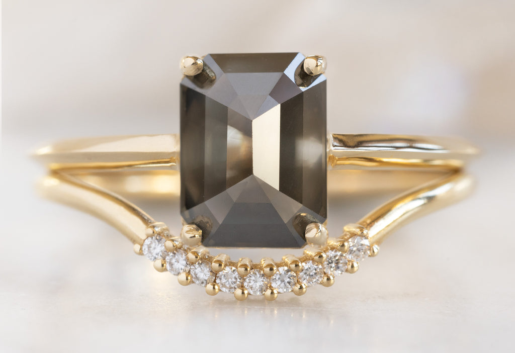 The Bryn Ring with an Emerald-Cut Black Diamond with Pavé Arc Stacking Band