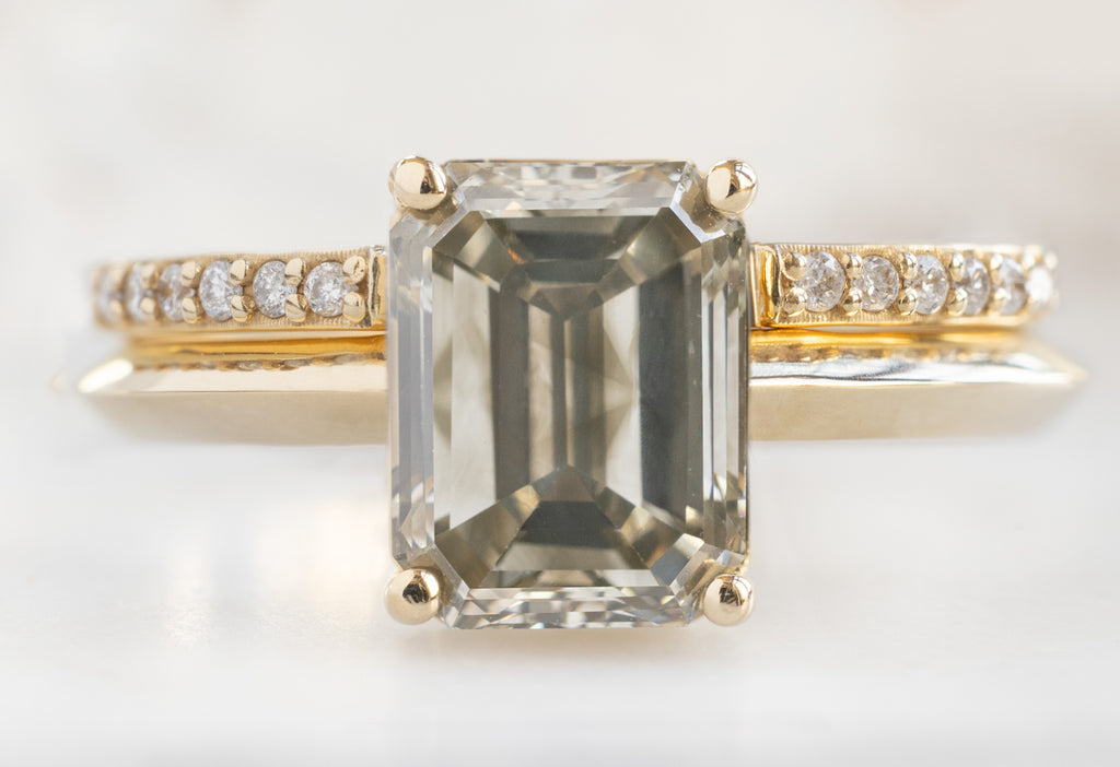The Bryn Ring with an Emerald-Cut Grey Diamond with Open Cuff Pavé Diamond Stacking Band