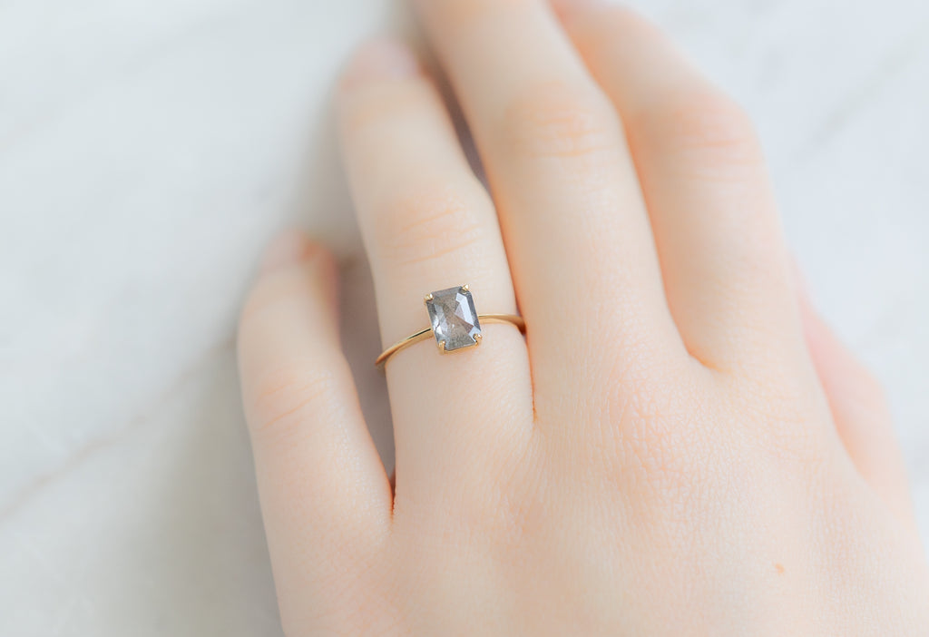 The Bryn Ring with an Emerald-Cut Salt and Pepper Diamond on Model