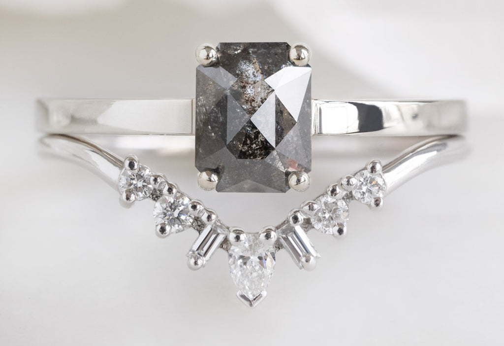 The Bryn Ring with an Emerald-Cut Black Diamond with Geometric White Diamond Sunburst