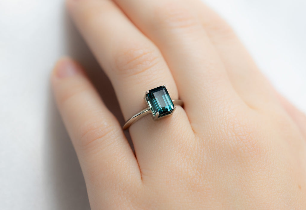 The Bryn Ring with an Emerald-Cut Tourmaline on Model