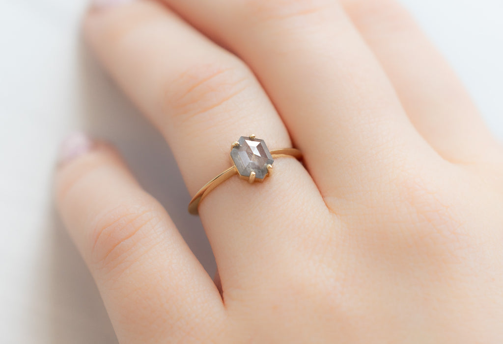The Bryn Ring with an Opalescent Grey Hexagon Diamond on Model