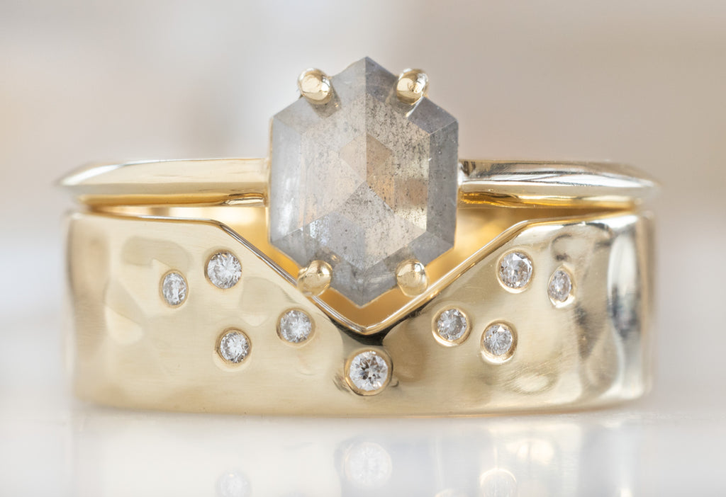 The Bryn Ring with an Opalescent Grey Hexagon Diamond with Constellation Cut-Out Stacking Band