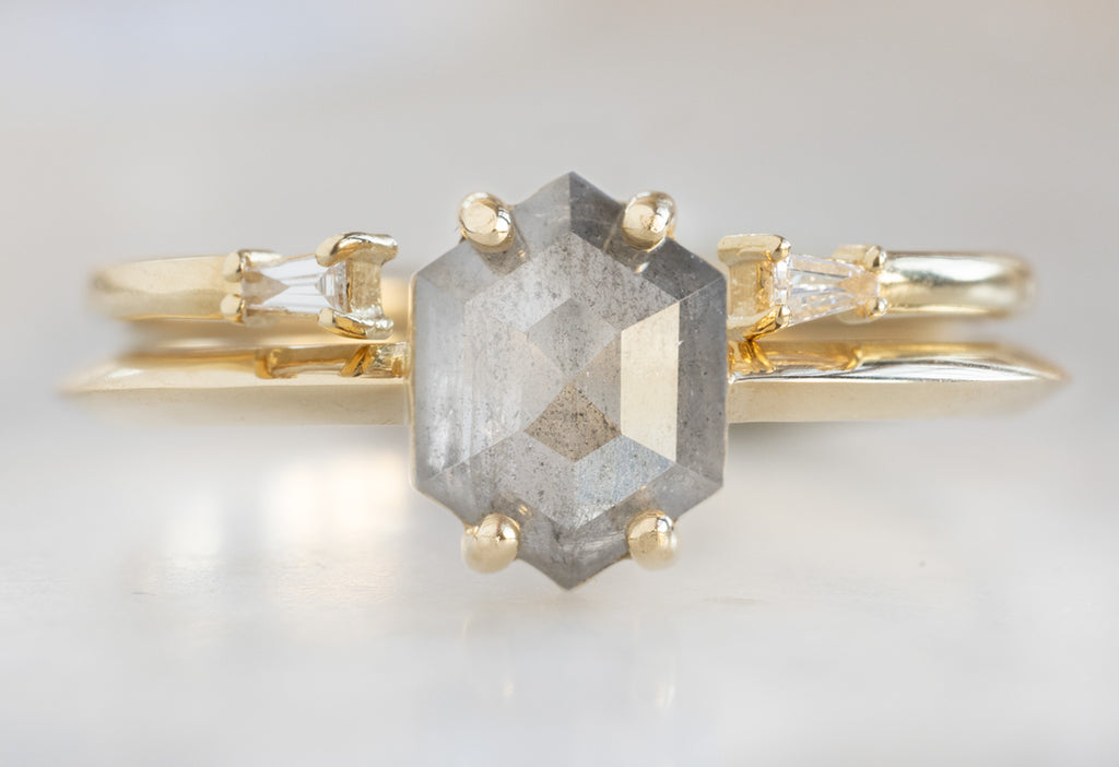 The Bryn Ring with an Opalescent Grey Hexagon Diamond with Open Cuff Baguette Stacking Band