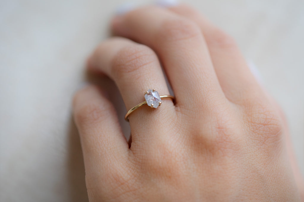 The Bryn Ring with an Opalescent Hexagon-Cut Diamond On Model