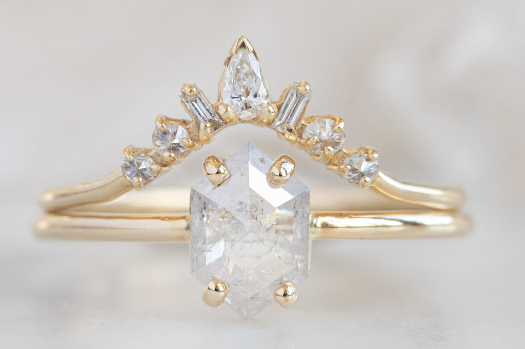 The Bryn Ring with an Opalescent Hexagon-Cut Diamond with Stacking Band