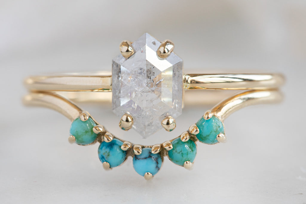 The Bryn Ring with an Opalescent Hexagon-Cut Diamond with Stacking Band