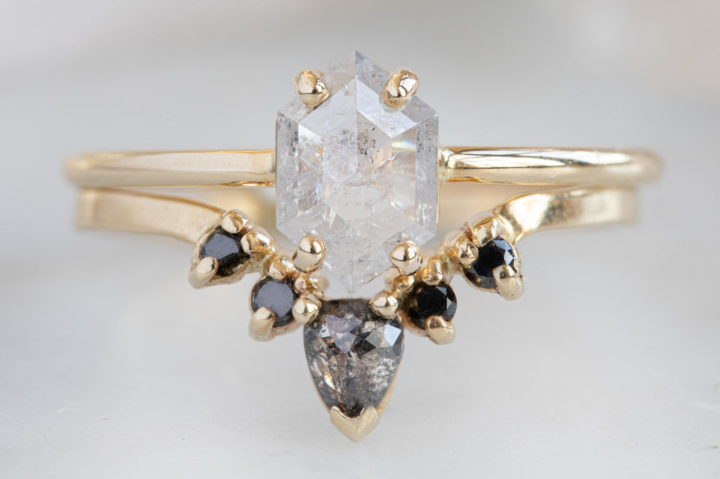 The Bryn Ring with an Opalescent Hexagon-Cut Diamond with Stacking Band