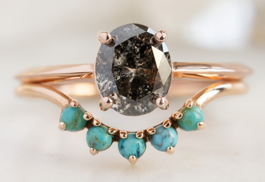 The Bryn Ring with an Oval-Cut Black Diamond with Turquoise Sunburst Stacking Band