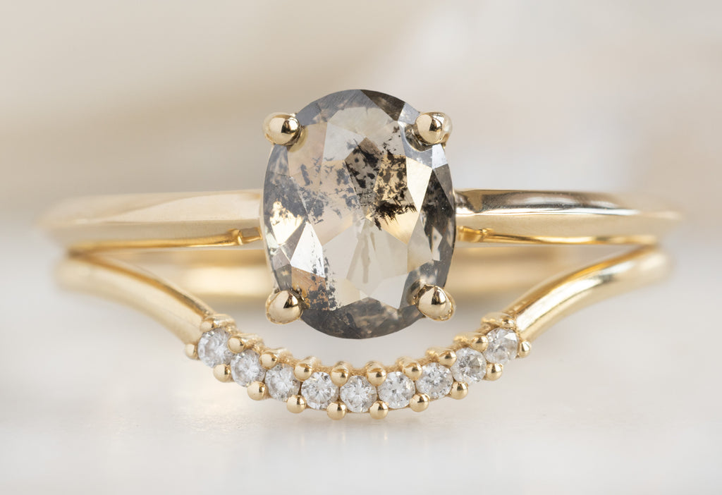 The Bryn Ring with an Oval-Cut Salt and Pepper Diamond with White Diamond Pave Arc Stacking Band