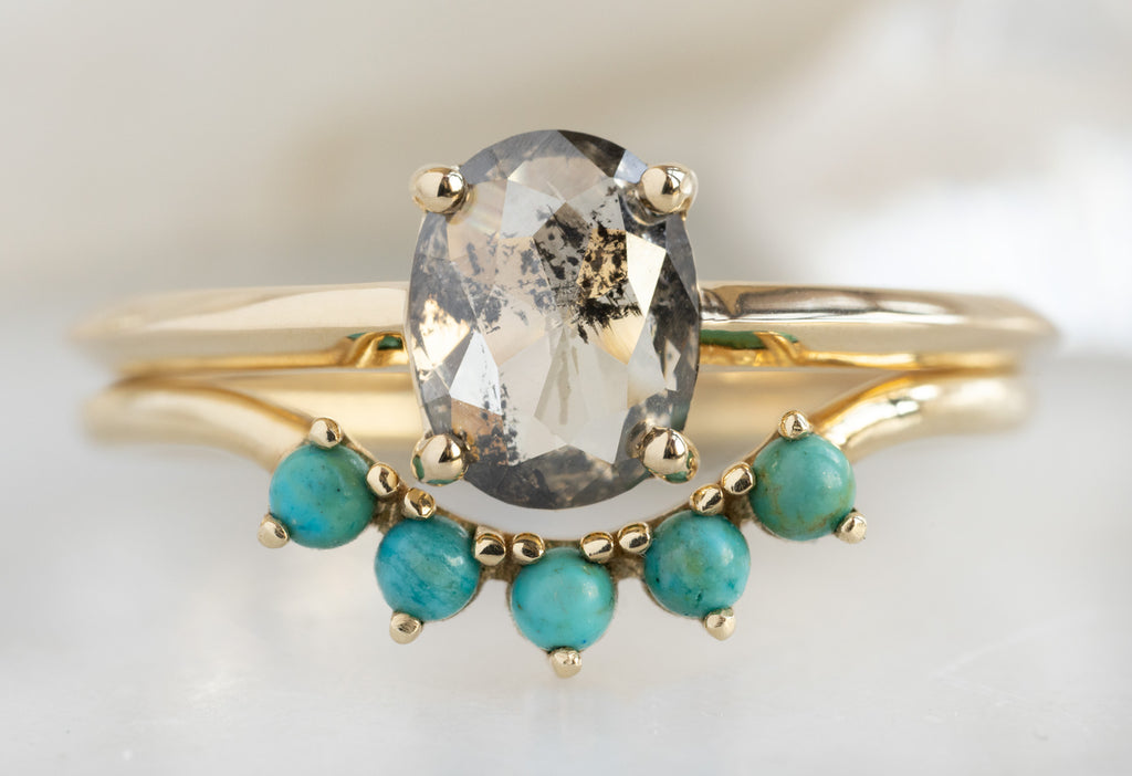 The Bryn Ring with an Oval-Cut Salt and Pepper Diamond with Turquoise Sunburst Stacking Band
