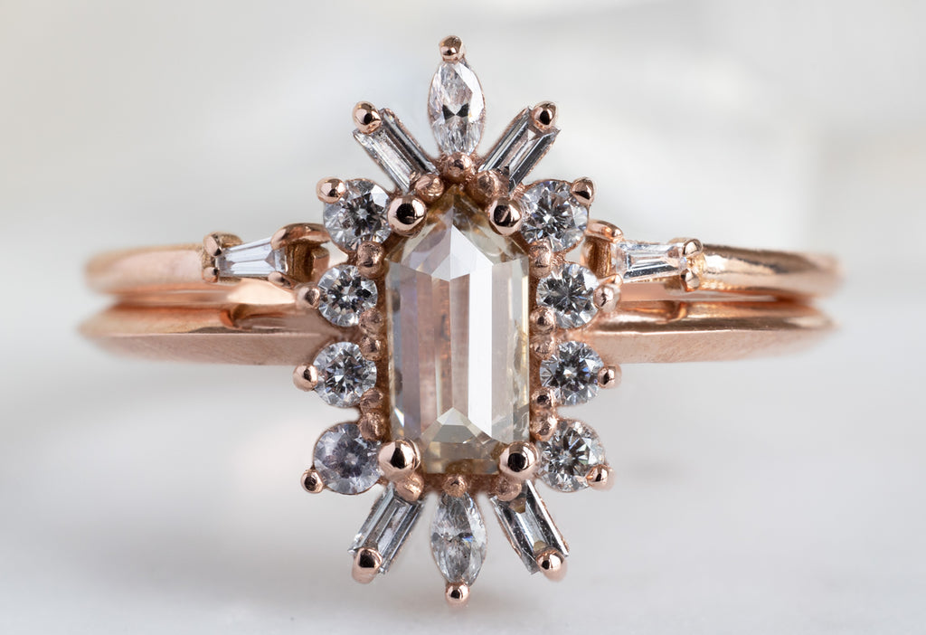 The Camellia Ring with a Geometric Pink Diamond with Open Cuff Baguette Stacking Band