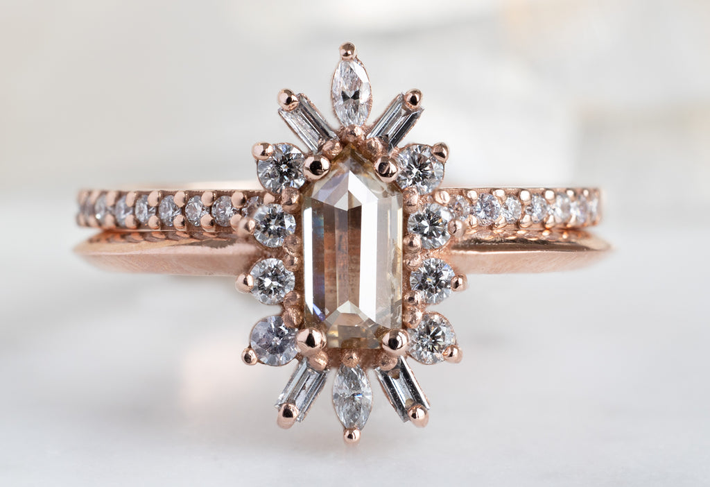 The Camellia Ring with a Geometric Pink Diamond with Open Cuff Pavé Diamond Stacking Band