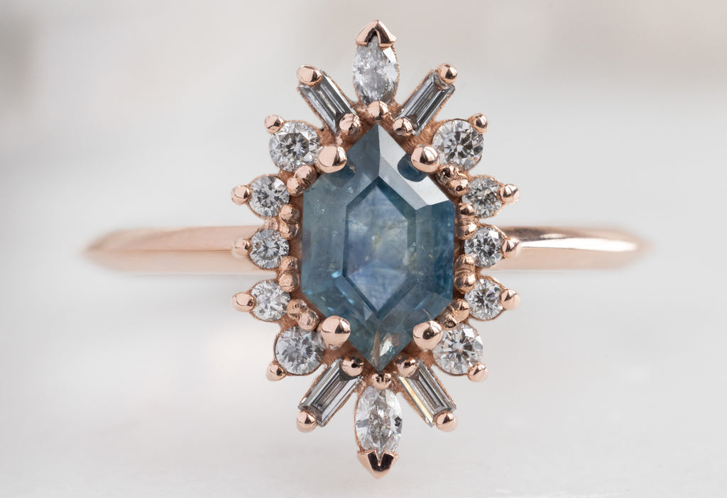The Camellia Ring with a Montana Sapphire Hexagon
