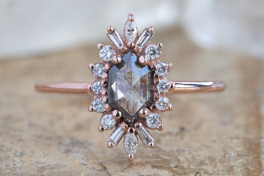 The Camellia Ring with a Salt and Pepper Hexagon Diamond
