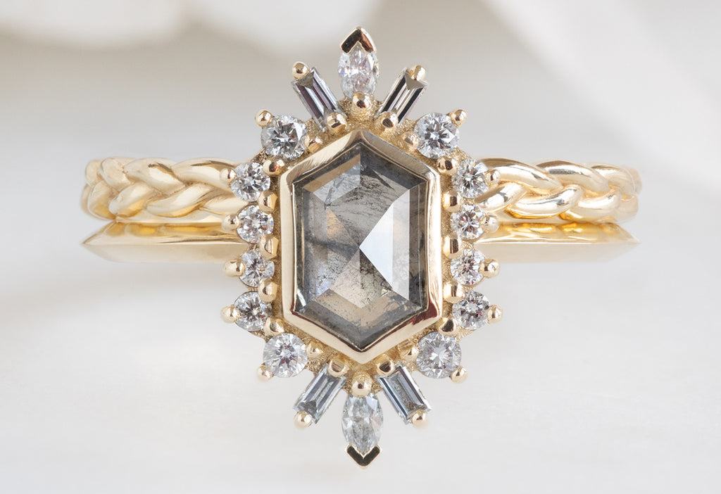 The Camellia Ring with a Salt and Pepper Hexagon Diamond with Braided Stacking Band