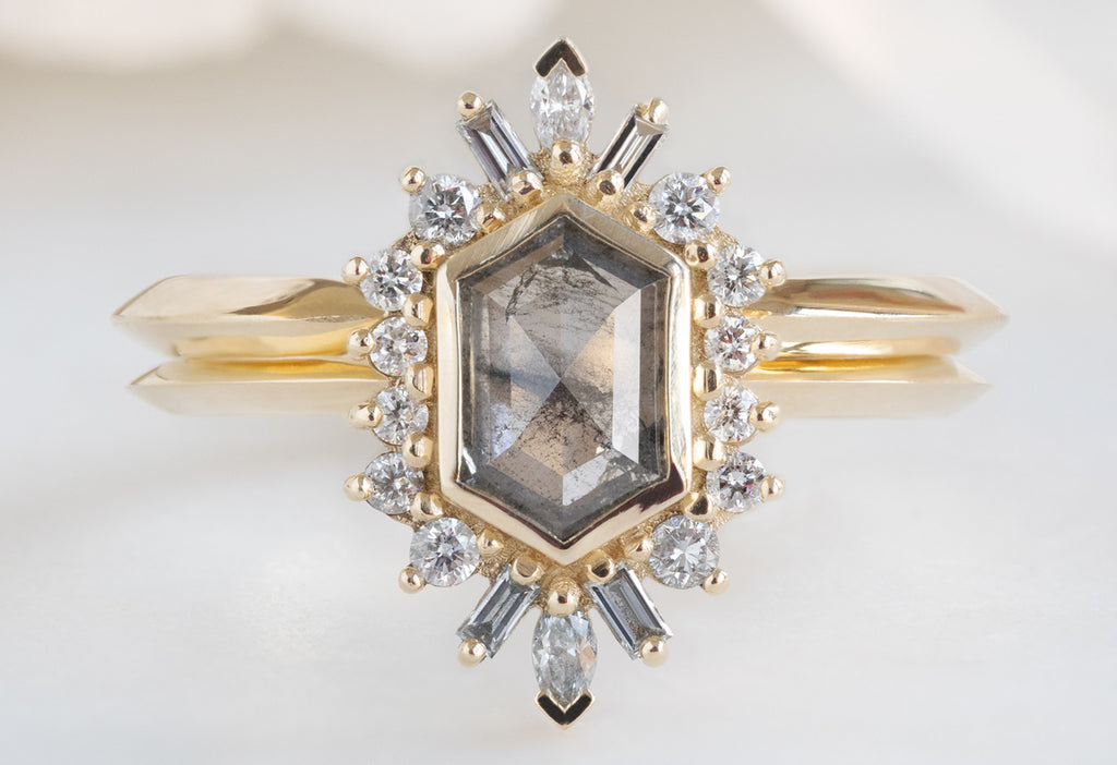 The Camellia Ring with a Salt and Pepper Hexagon Diamond with Open Cuff Knife-Edge Stacking Band
