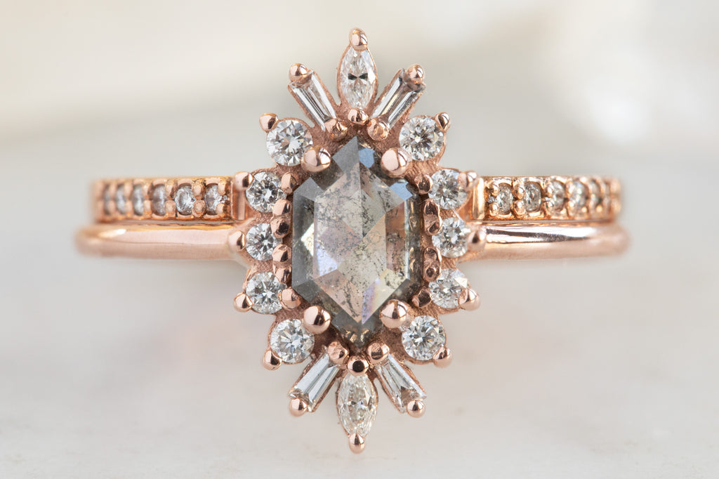 The Camellia Ring with a Salt and Pepper Hexagon Diamond with Stacking Band
