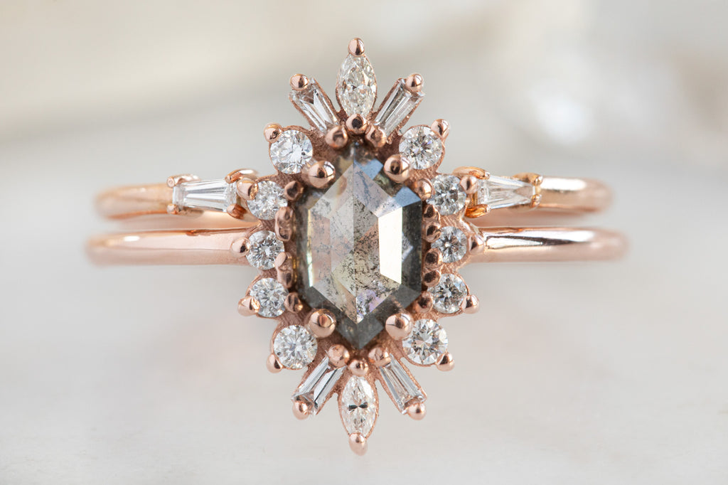 The Camellia Ring with a Salt and Pepper Hexagon Diamond with Stacking Band
