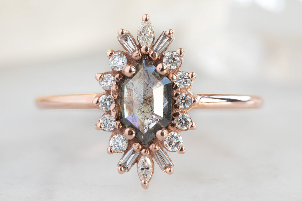 The Camellia Ring with a Salt and Pepper Hexagon Diamond