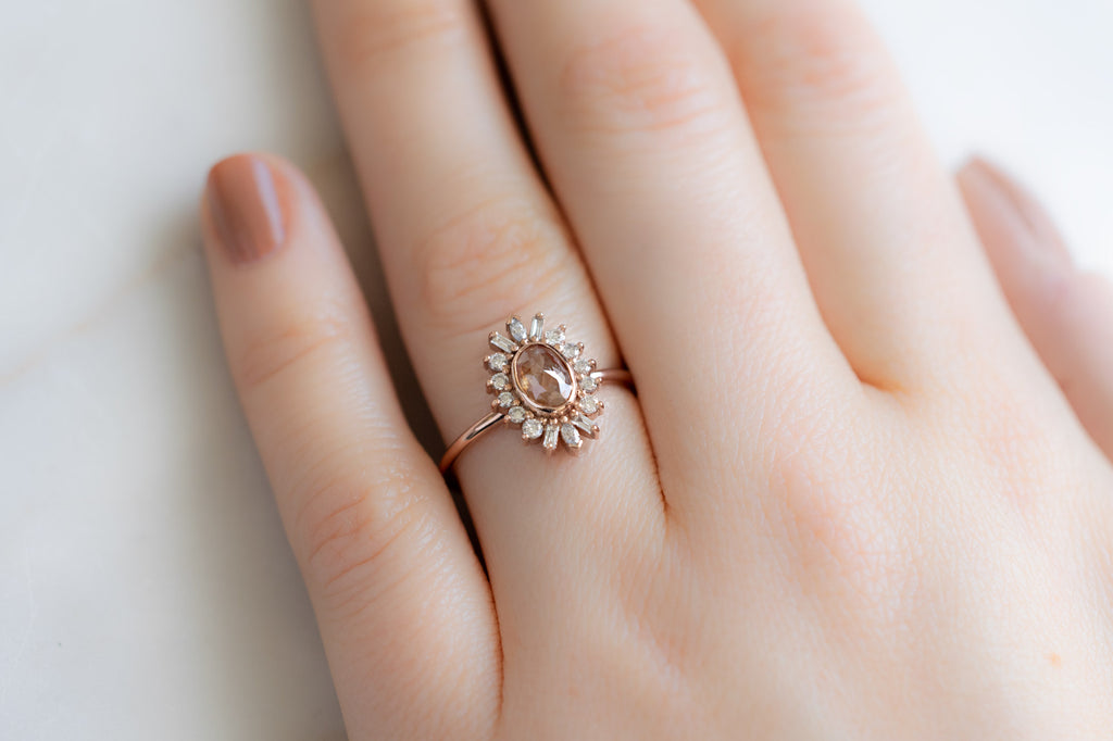 The Camellia Ring with a Cushion-Cut Red Diamond on Model