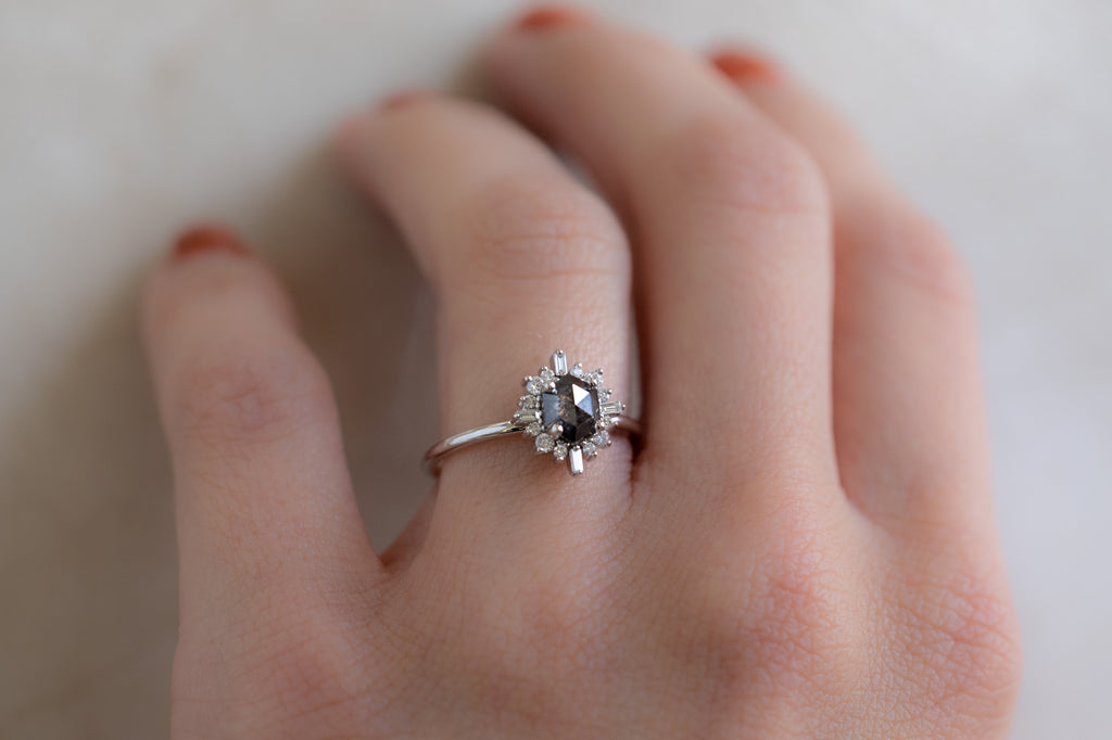 The Compass Ring with a Black Hexagon Diamond on Model