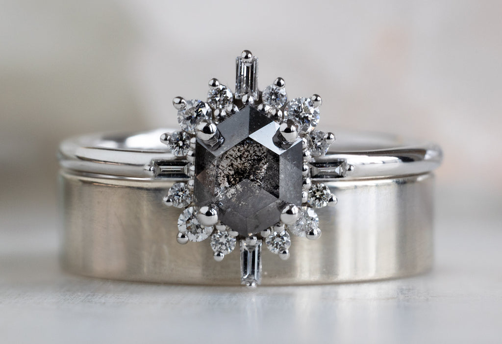 The Compass Ring with a Black Hexagon Diamond with Stacking Band